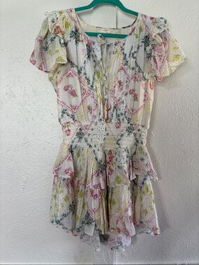 LoveShackFancy White Floral Ruffle Mini Dress with Pink & Yellow Accents